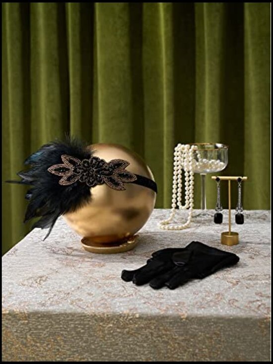 1920s Gatsby Accessories Set - 5 Pcs Costume Flapper Headpiece, Pearl Necklace, main image 4